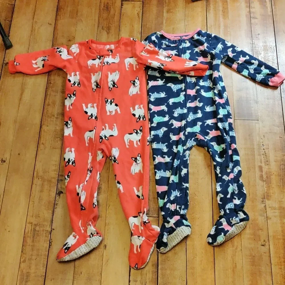 Carters fleece pajamas 3T footie pajamas Orange Blue Dogs Warm Bundle